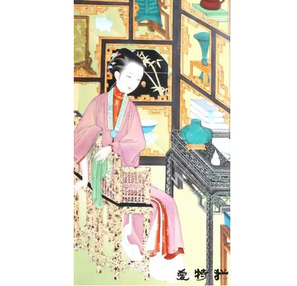 爱特猫仕女图瓷板画